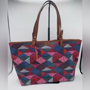 Fossil Rachel Tote Purse Pink Blue Geometric Pattern